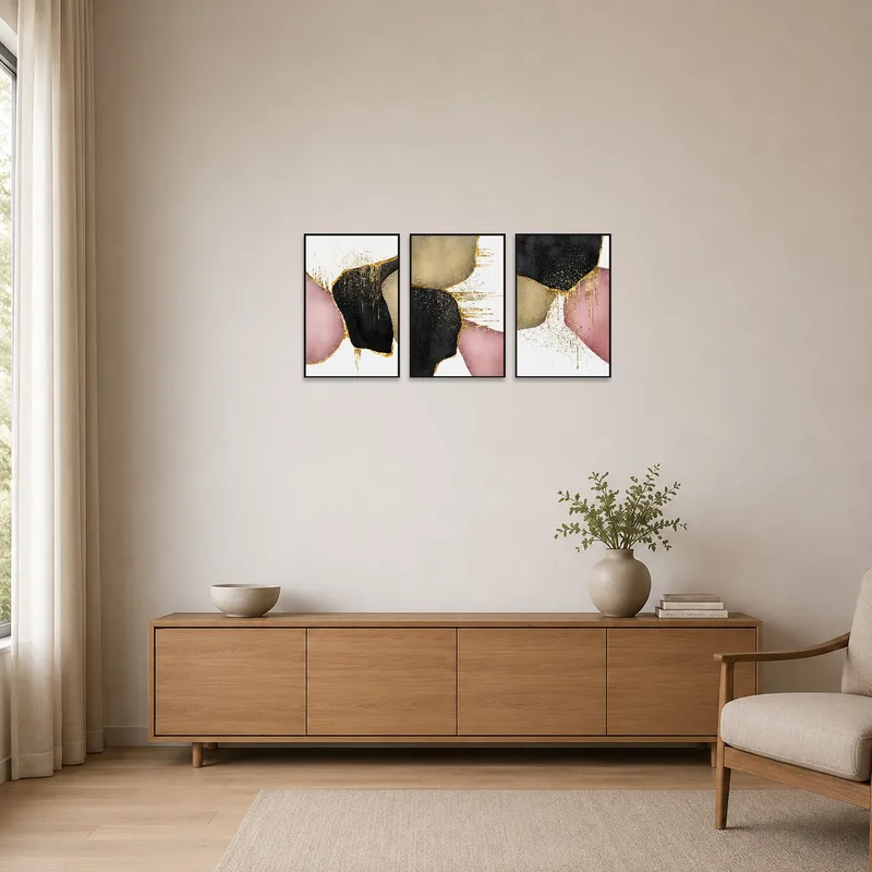 Subtle abstract art adds elegance to a minimalist room.