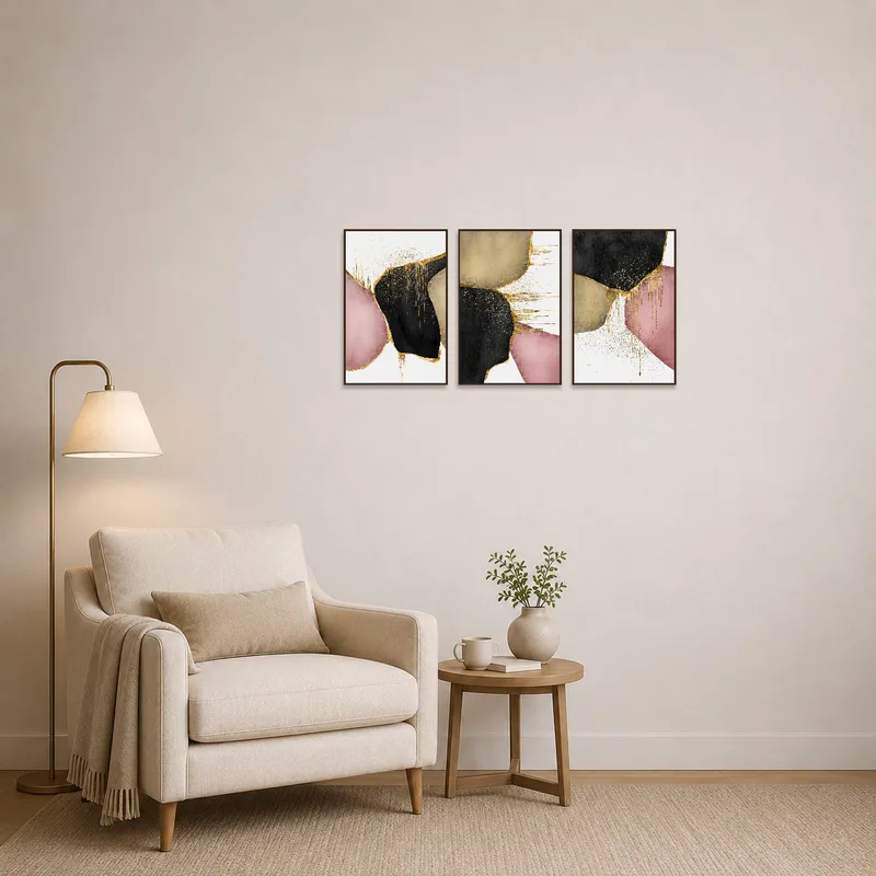 Gold and pastel abstract triptych enhances a cozy reading corner.