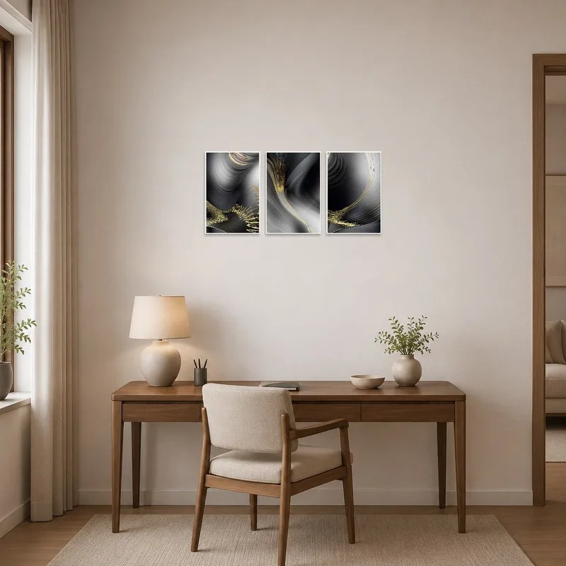 Grey and gold abstract triptych inspiring creativity in the home office space.