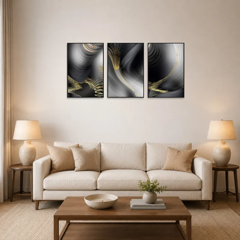 Elegant abstract triptych in grey and gold tones adorning the living room wall over a modern sofa.