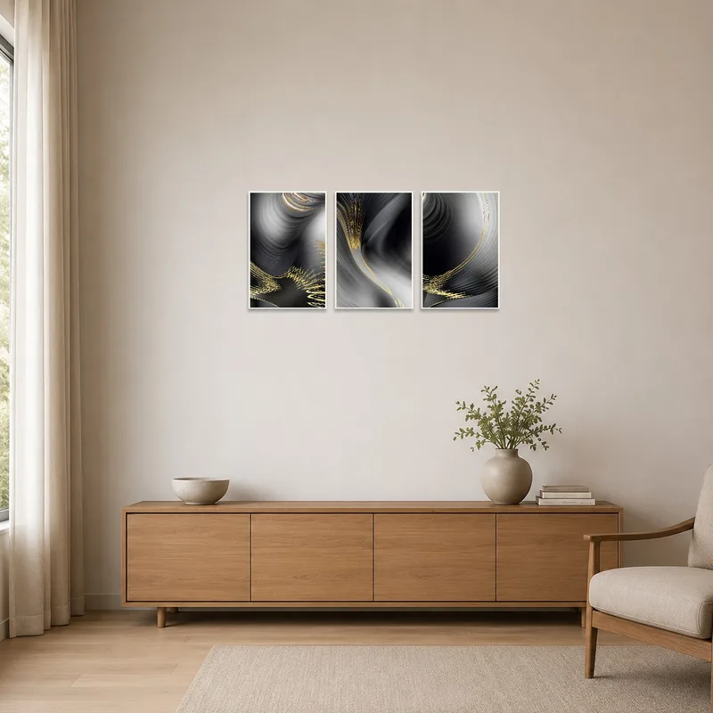 Abstract triptych in grey and gold bringing a sophisticated touch to a minimalist setting.