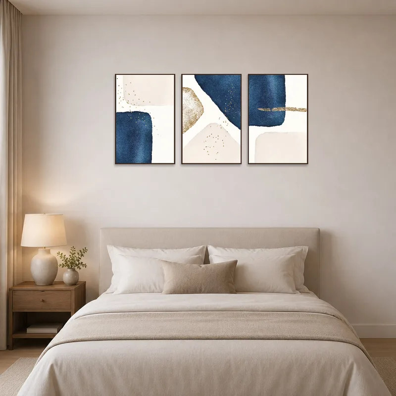Elegant navy and gold abstract triptych in a serene bedroom setting above a bed.