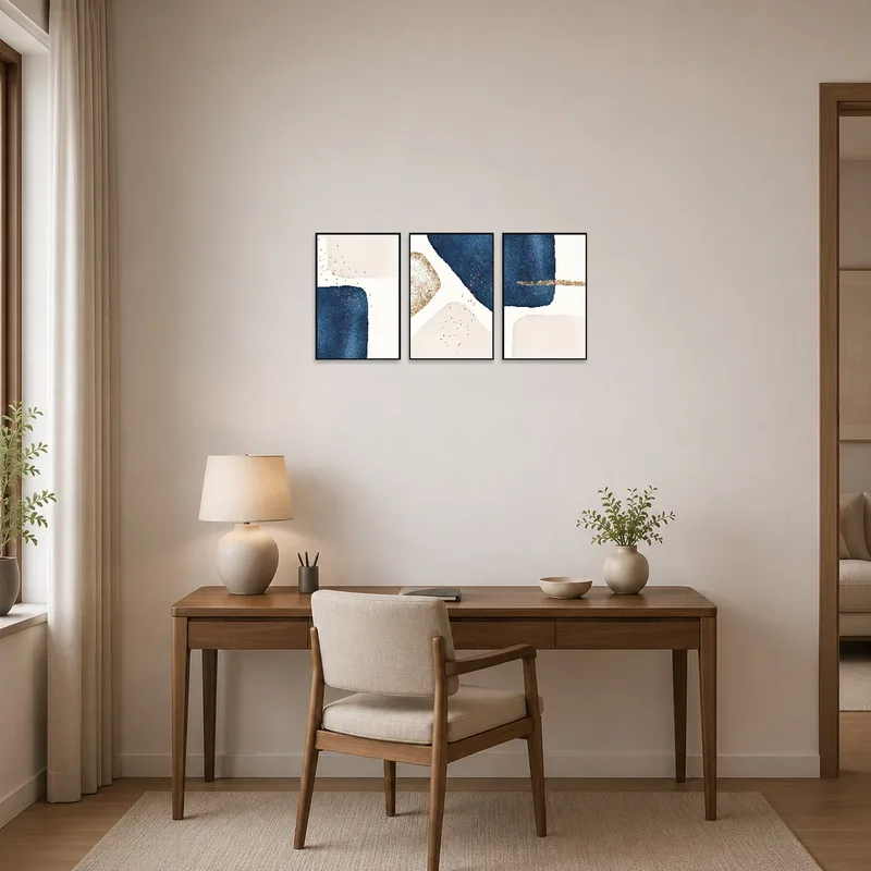 Navy and gold abstract artwork on the wall of a tasteful home office with a neat desk.