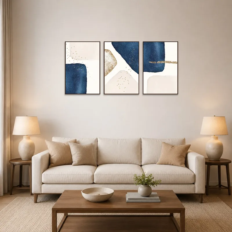 Elegant abstract triptych in navy and gold on living room wall above modern furniture.