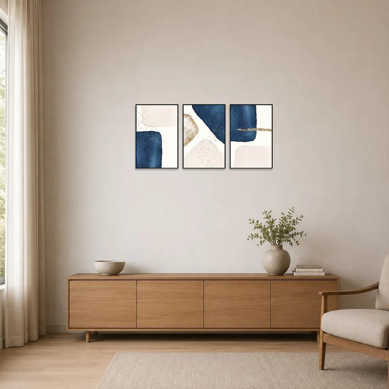 Abstract triptych with navy and gold tones in a minimalist room with simple, sleek elements.