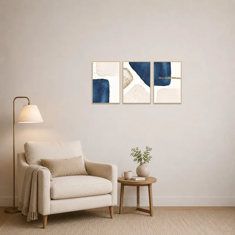 Sophisticated triptych in navy and gold beside a reading chair with a small bookshelf.