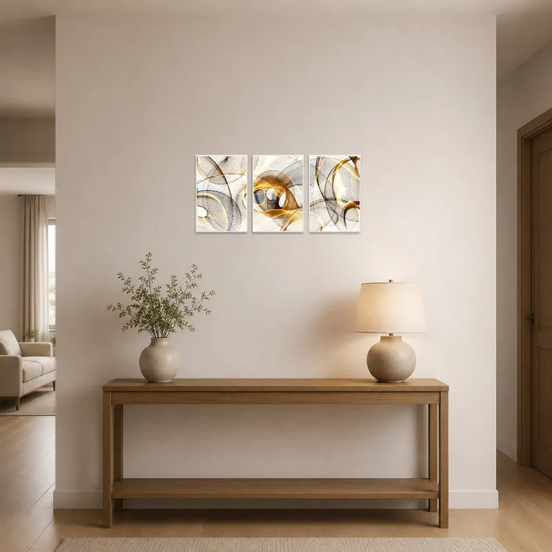 Dynamic curve triptych in a stylish entrance hall setting.
