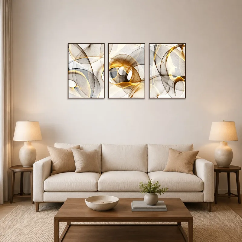 Triptych with dynamic curves in a modern living room above a sleek sofa.