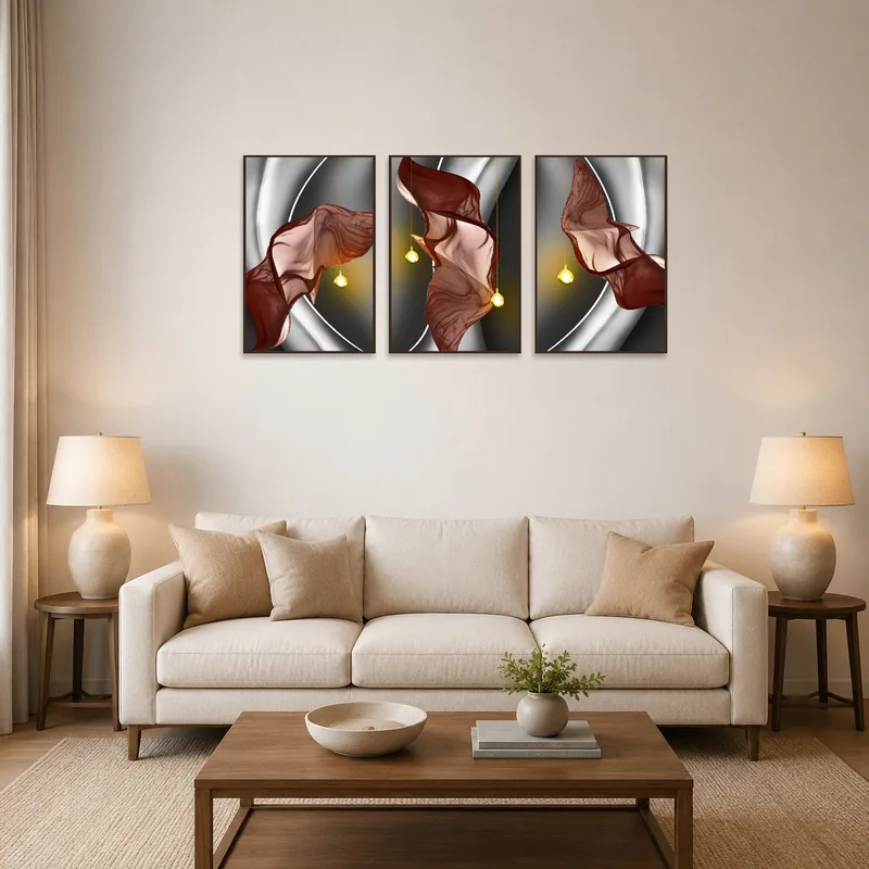 Abstract triptych with flowing fabric art in an elegant living room setting.
