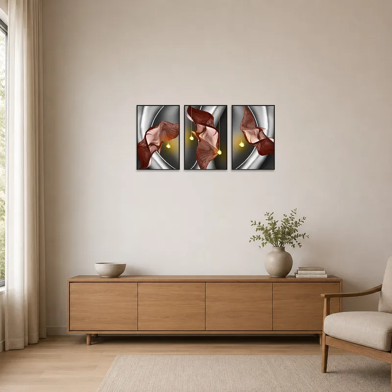 Flowing fabric triptych complements a minimalist room with clean lines.