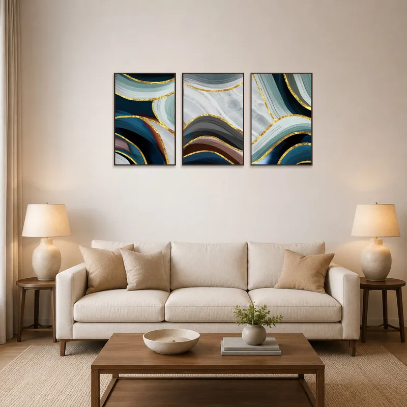 An elegant abstract triptych with gold accents on a living room wall.