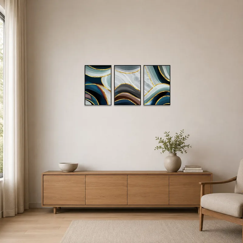 Minimalist setup showcasing an abstract triptych with gold highlights.