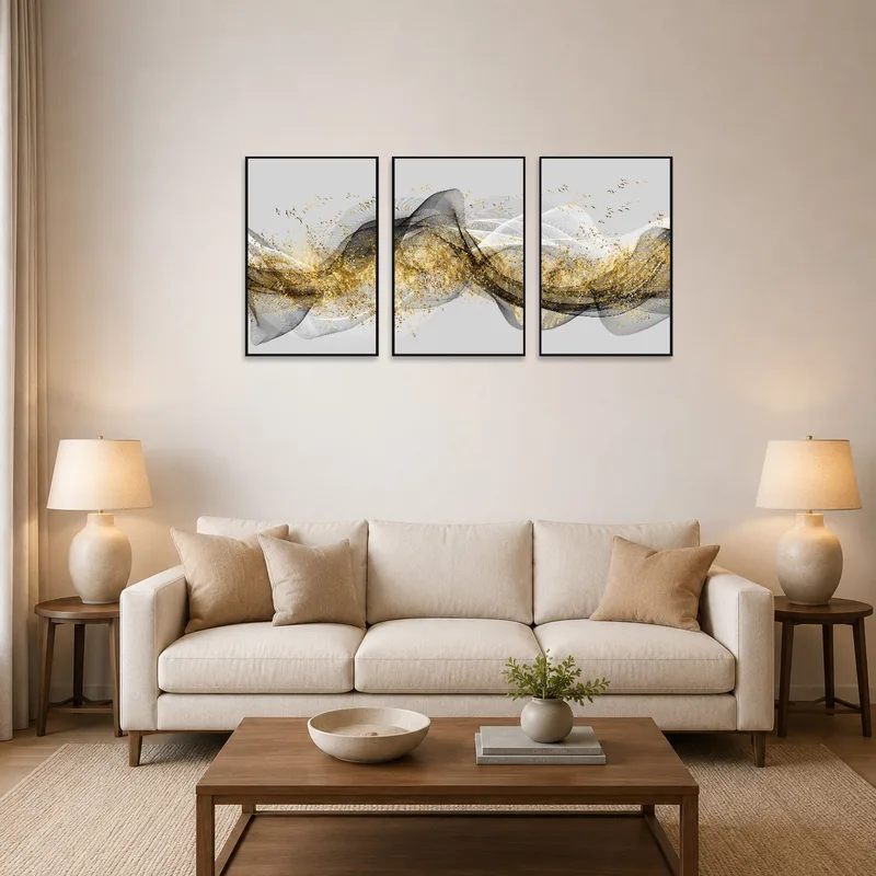 Elegant abstract triptych with gold and black waves in a stylish living room setting.