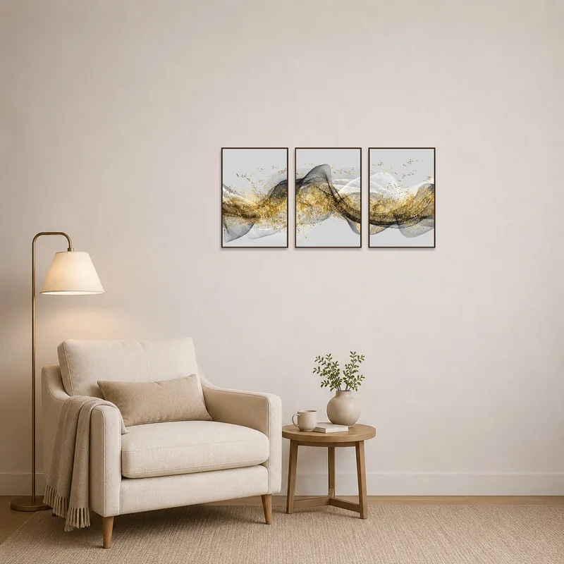 Elegant triptych with gold and black waves adorning a cozy reading corner.