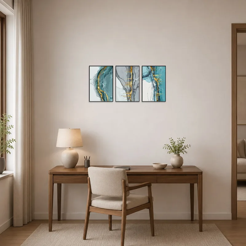 Home office enhanced by an elegant abstract triptych featuring gold elements.