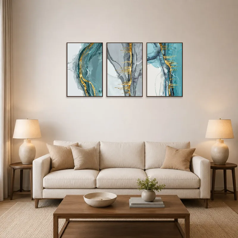 Abstract triptych with gold accents on a living room wall beside a modern sofa.