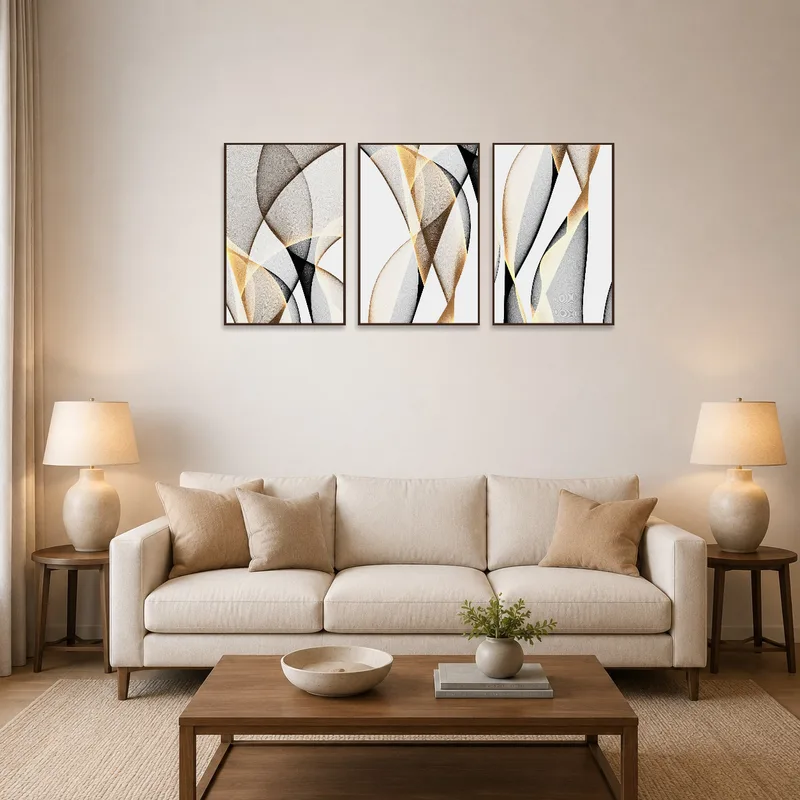 Elegant abstract triptych on a living room wall with organic shapes complementing cozy seating.