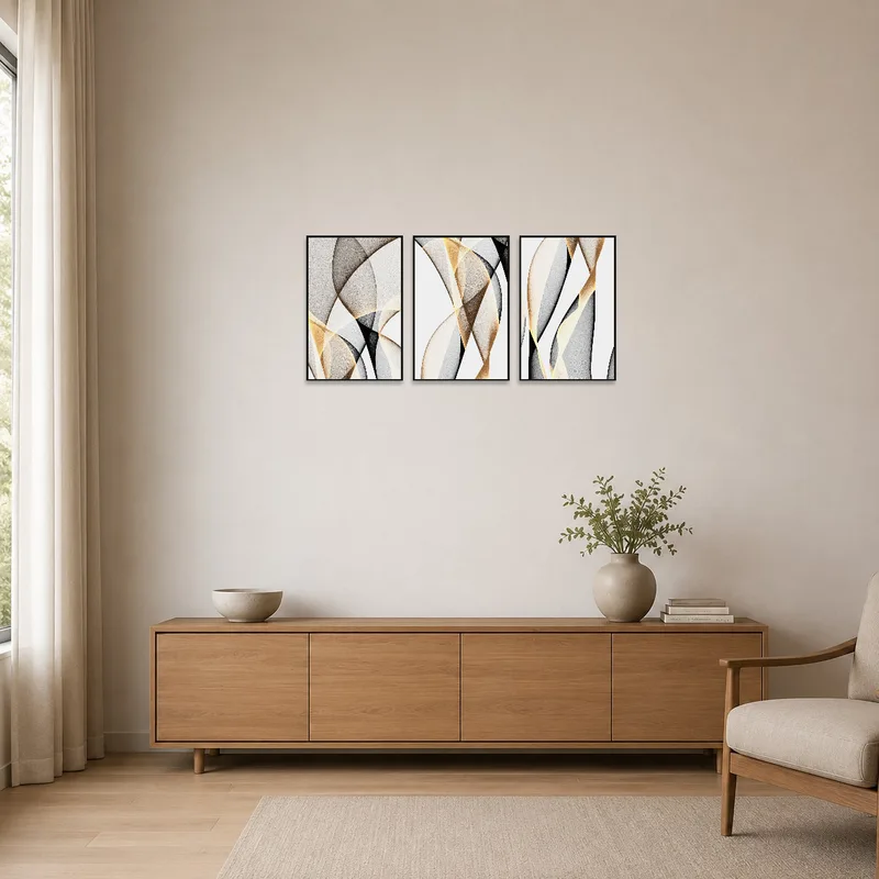 Triptych with organic forms enhancing a minimalist room, adding subtle elegance to the space.