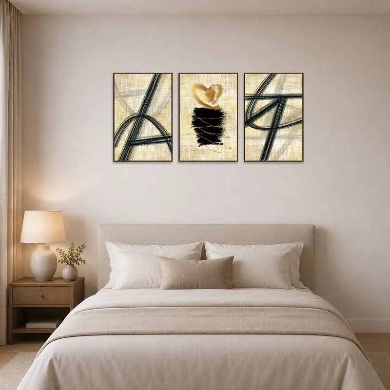 Elegant abstract triptych brings sophistication to the bedroom wall.