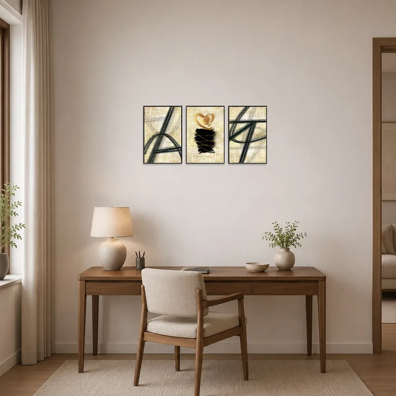 Textured abstract patterns triptych inspires creativity in the home office.