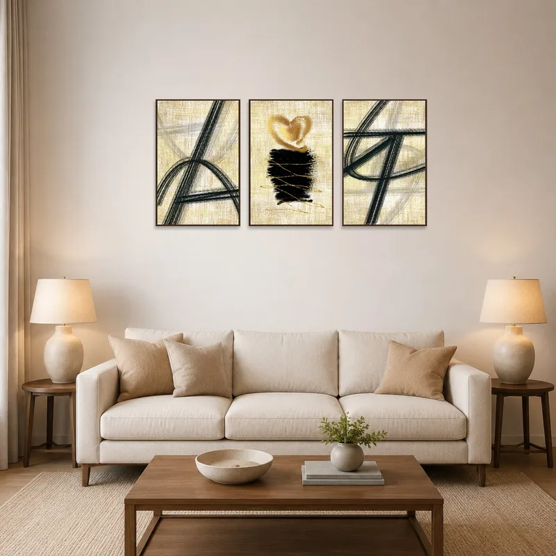 A triptych with abstract textured patterns adds elegance above the living room sofa.
