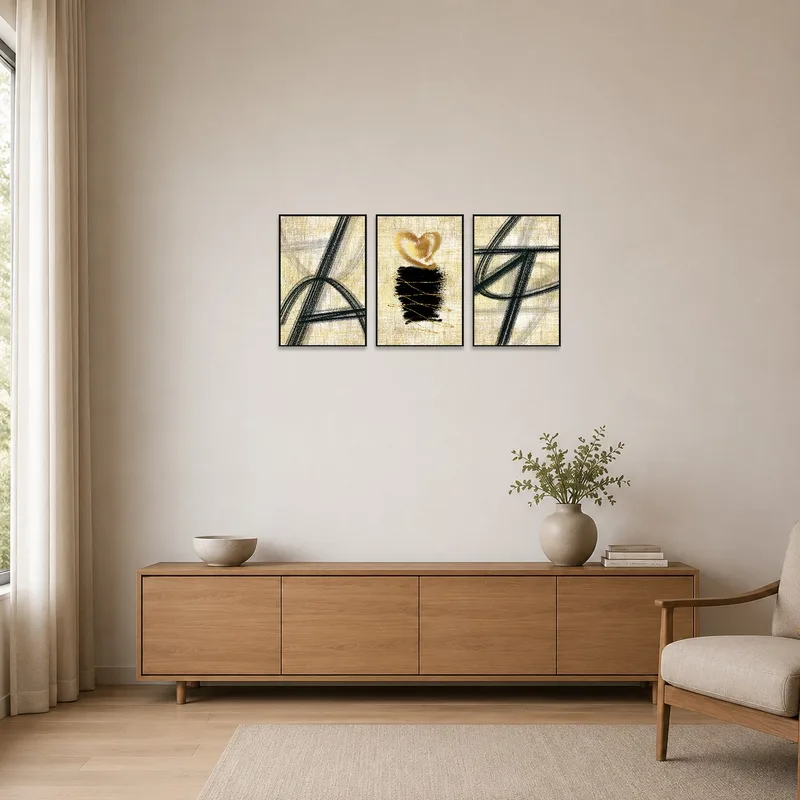 Abstract textured triptych enhances the serene minimalist space.