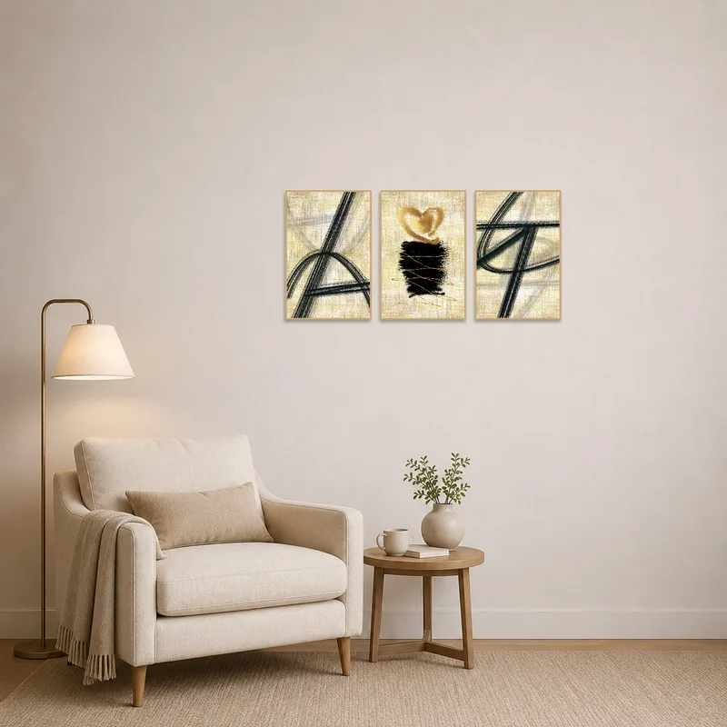 Textured abstract triptych provides a visual focus in the cozy reading corner.