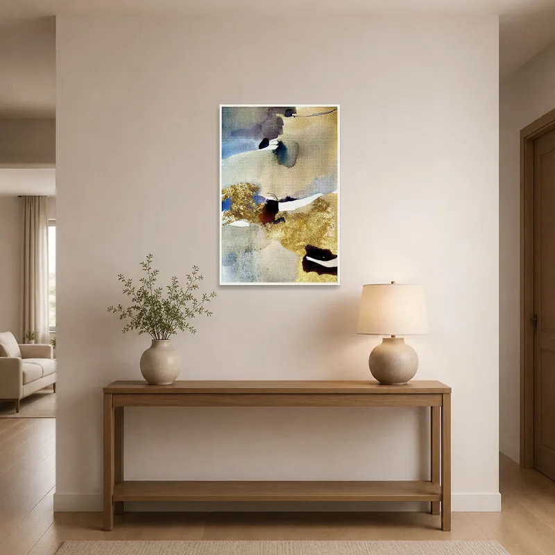 Entrance hall featuring an elegant abstract watercolor with shimmering gold accents.