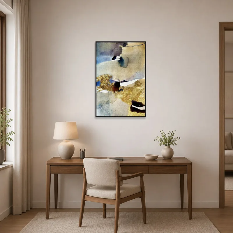 A stunning abstract watercolor with gold accents elevates the home office space.