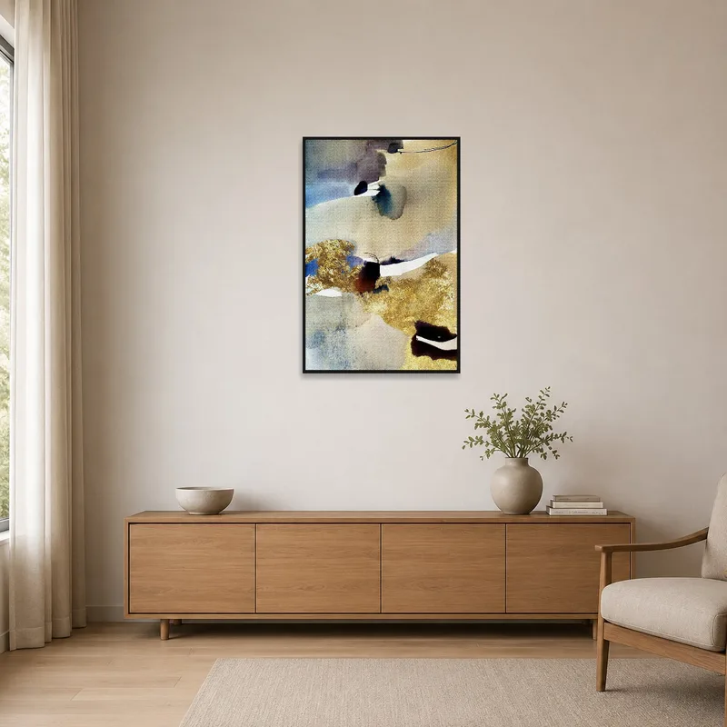 The minimalist room highlights an elegant abstract watercolor with subtle gold accents.