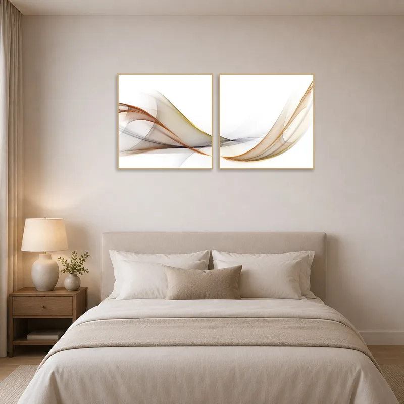 Serene abstract wave artwork set in a bedroom, creating a tranquil ambiance.