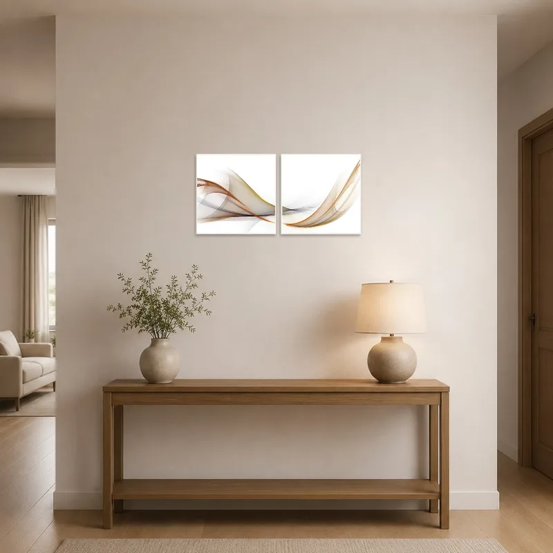 Warm-toned abstract wave piece displayed in an entrance hall, greeting guests with style.