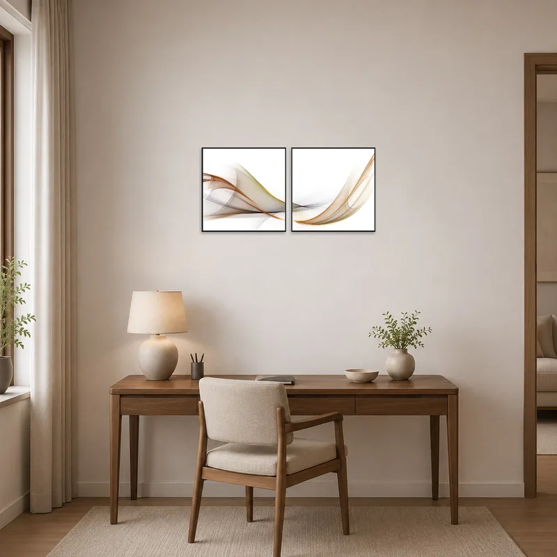 Abstract wave artwork with warm earth tones brightening up a home office environment.