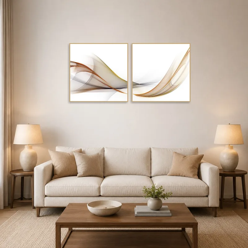 Elegant abstract wave art with warm earth tones on living room wall above a modern sofa.