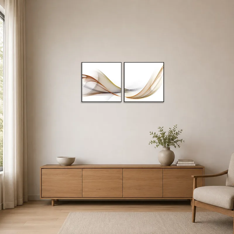 Abstract wave art set in earthy tones hanging in a minimalist space with clean lines and neutral colors.