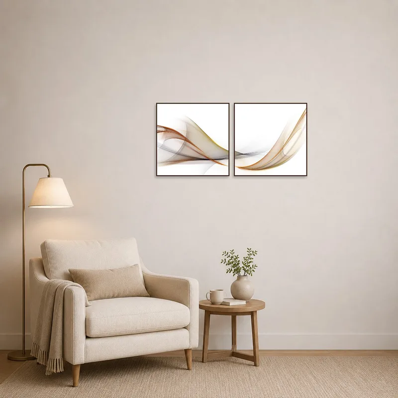 Earth-toned wave artwork enhancing a reading corner with its calming abstract forms.