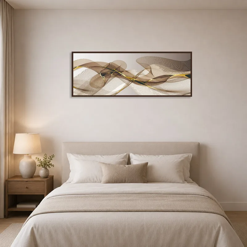 Bedroom adorned with an abstract waves artwork in warm earthy tones.