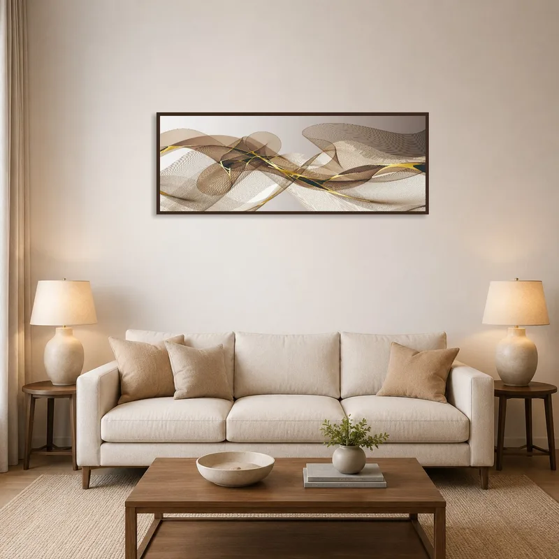 Earthy-toned abstract waves wall art displayed in a stylish living room.