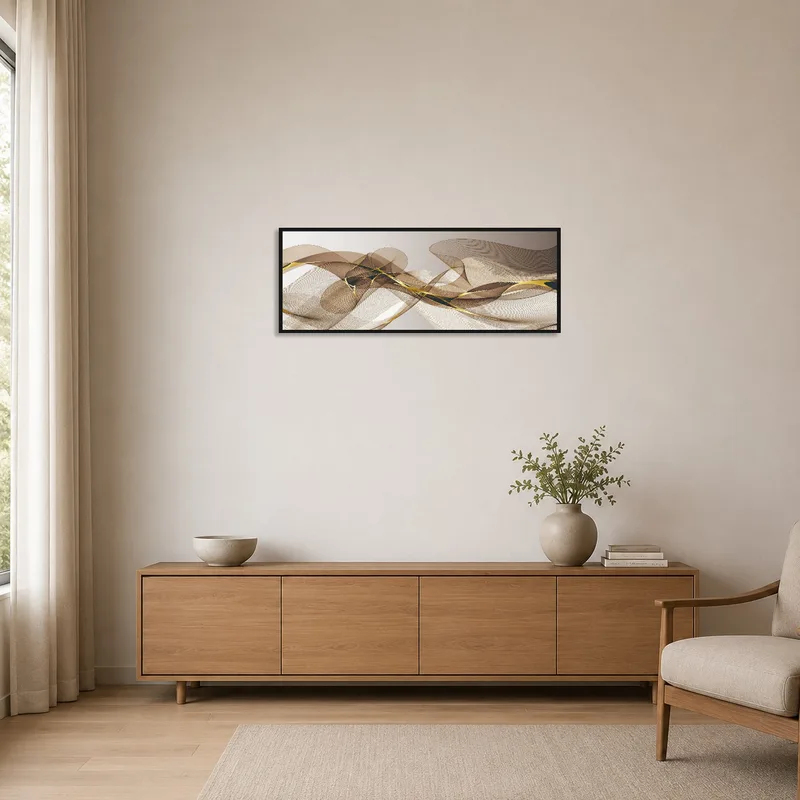 Elegant abstract waves in earthy tones in a minimalist room.