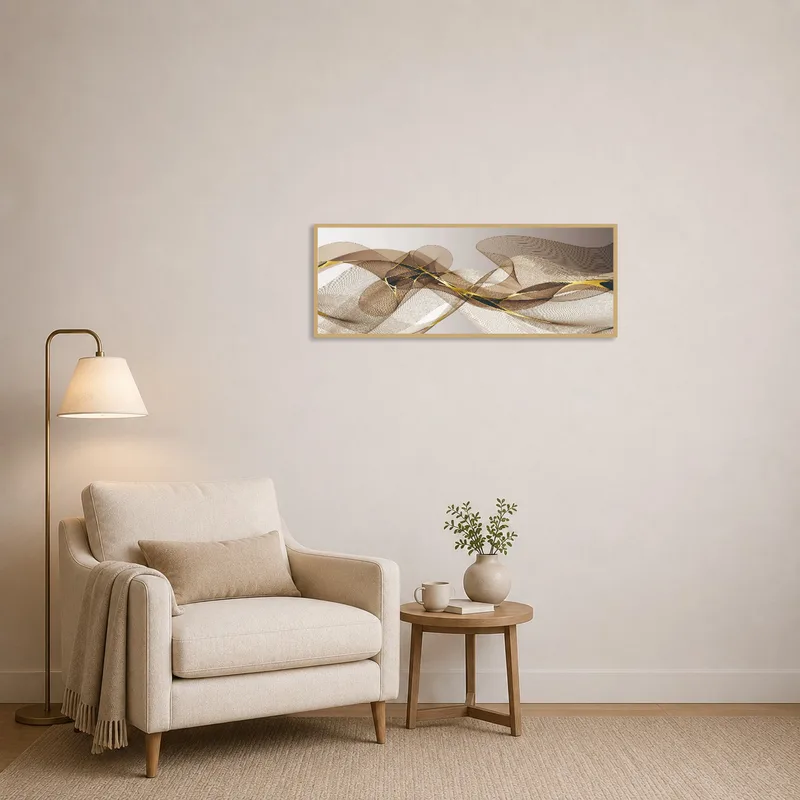 Cozy reading corner featuring an abstract waves artwork with earthy hues.