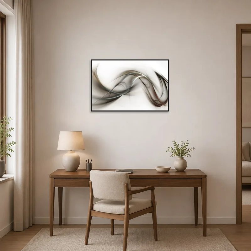 Neutral abstract waves inspiring creativity in a home office.