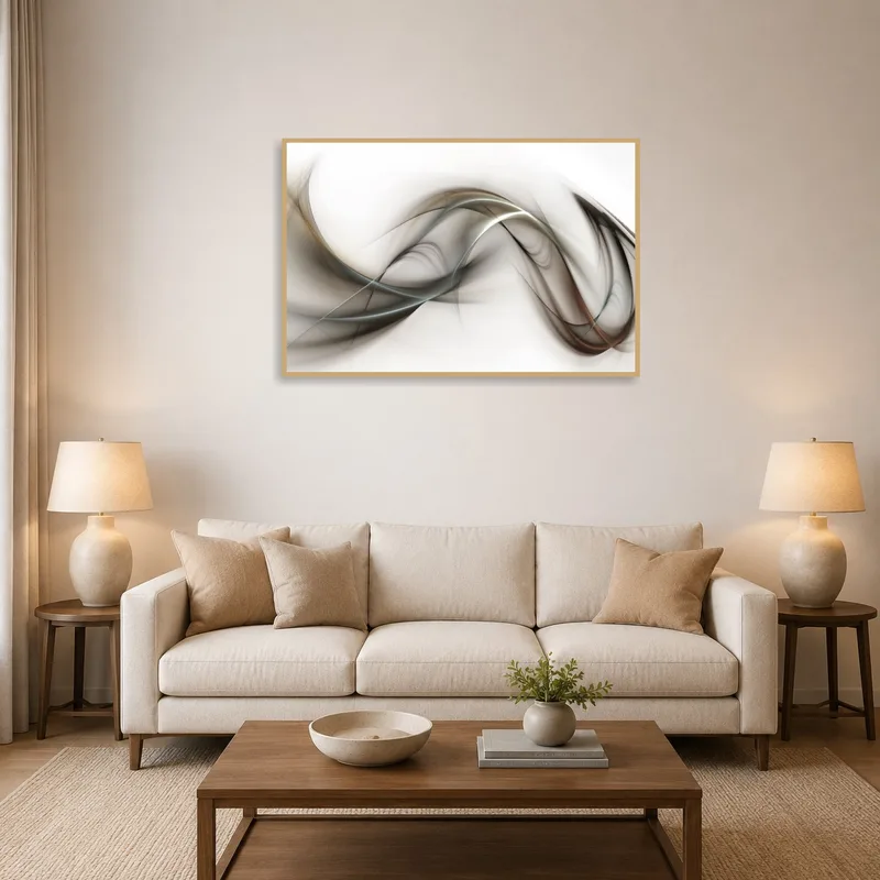 Abstract waves artwork above a modern sofa in a stylish living room.