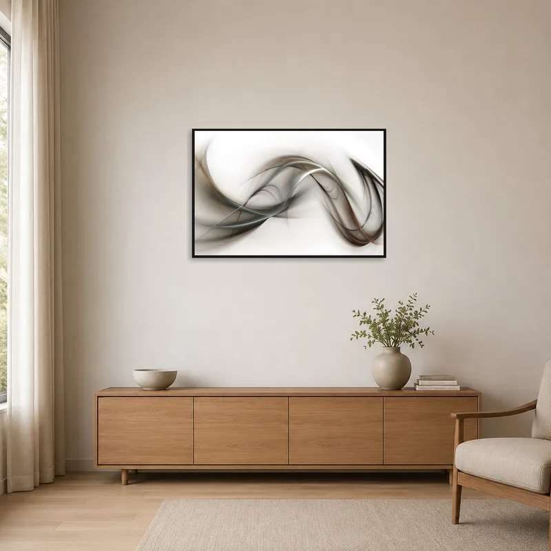 Neutral wave art piece on a plain white wall in a minimalist space.