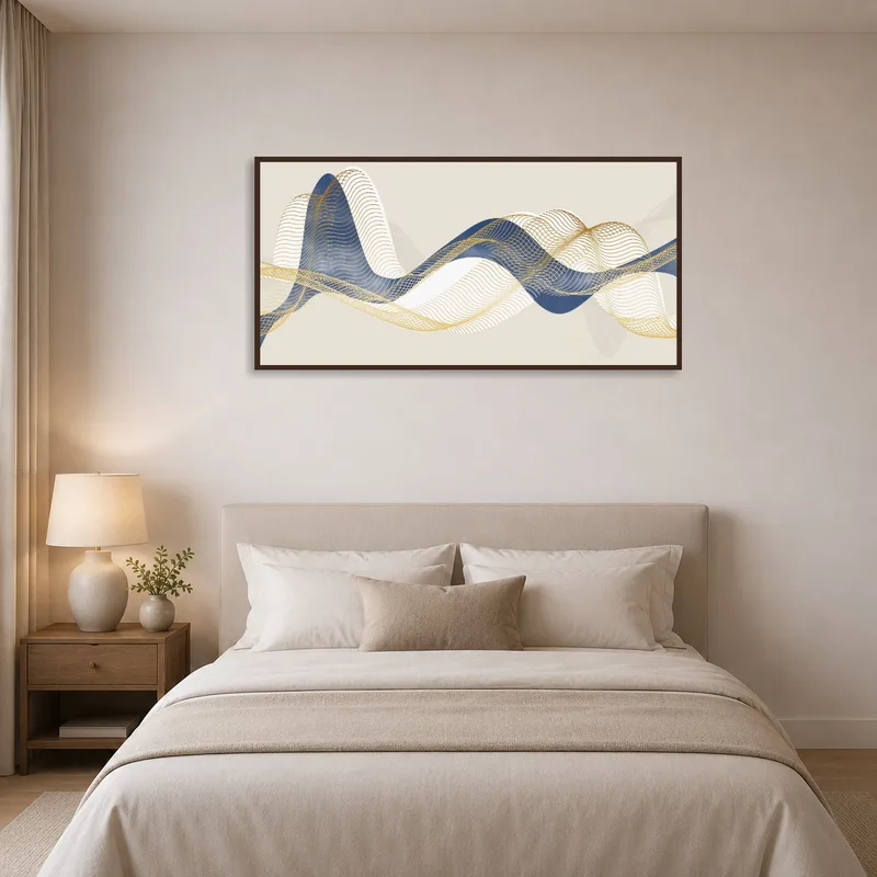 Abstract waves with gold accents creating a serene bedroom atmosphere.