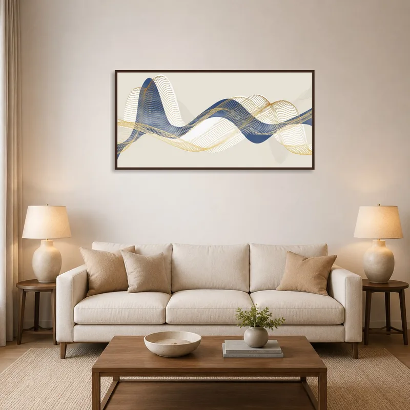 Elegant abstract waves with gold accents displayed above a sleek modern sofa.