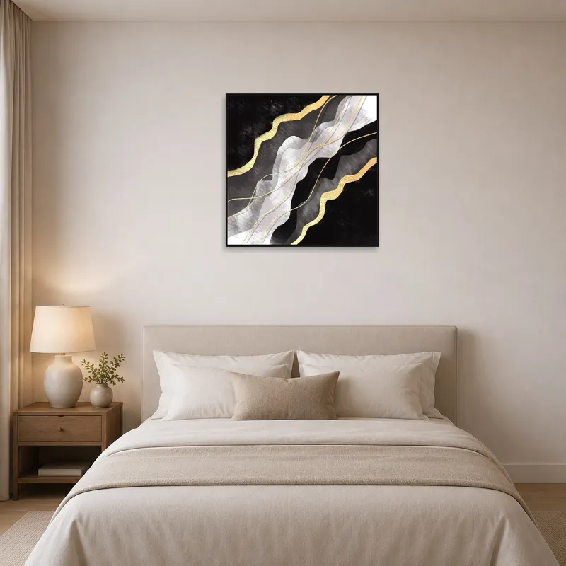 Luxurious abstract art with gold tones enhancing a serene bedroom ambiance.