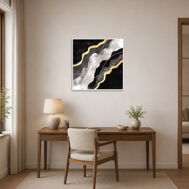 Abstract artwork with gold accents brightening a stylish home office.