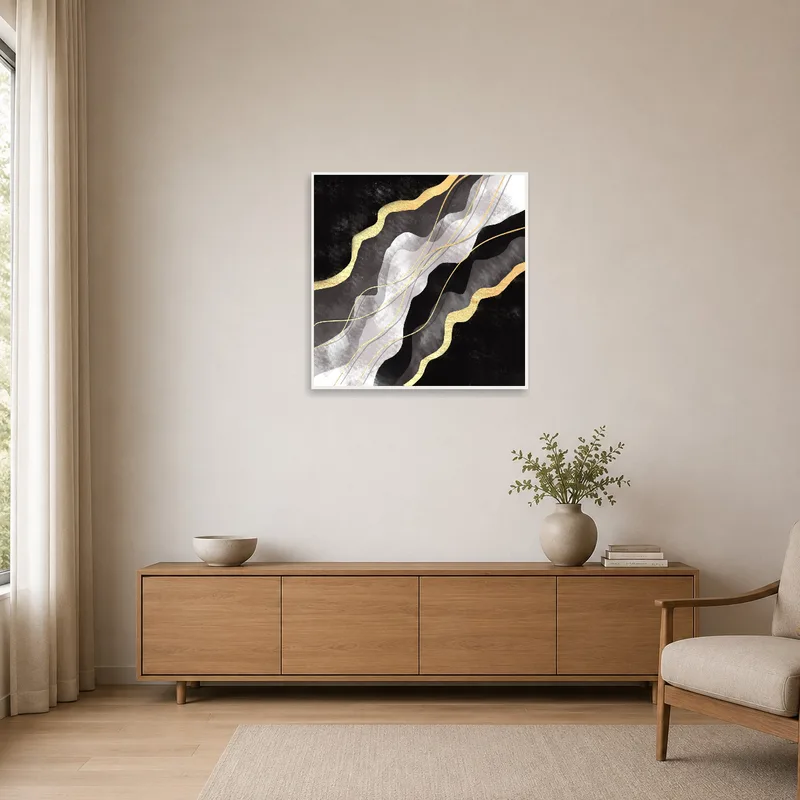 Minimalist setting with gold-accented abstract art adding a touch of elegance.