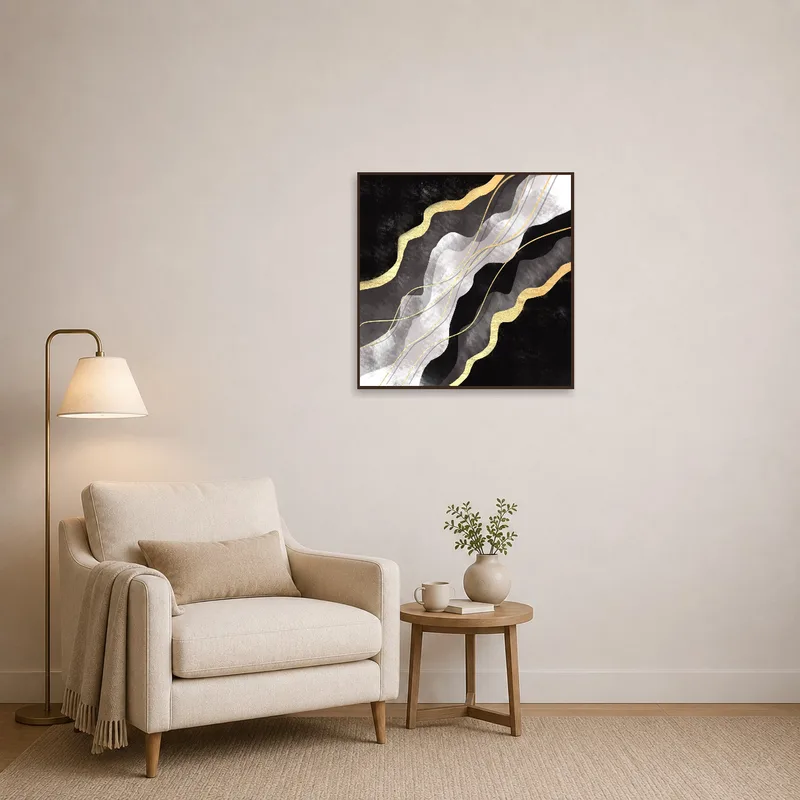 Gold-accented abstract piece highlighting a cozy reading corner.