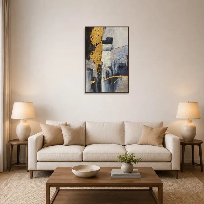 The elegant abstract artwork with gold and silver textures in a stylish living room setting.
